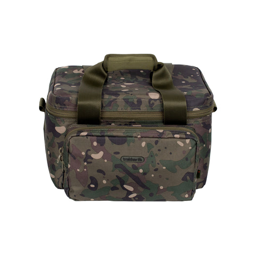 A Trakker NXC Camo Chilla food and bait bag designed for insulation and transportation of food or fishing bait, featuring a camouflage pattern, green lid, and black carry handles.