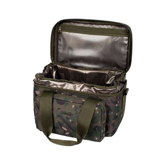 A Trakker NXC Camo Chilla food and bait bag designed for insulation and transportation of food or fishing bait, featuring a camouflage pattern, green lid, and black carry handles. Open top.