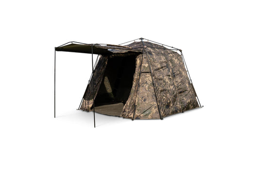 Camouflage outdoor fishing shelter tent with extended canopy and reinforced frame, ideal for camping and carp fishing. Front View