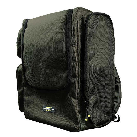 Ridgemonkey Hunter 750 Rucksack, durable and spacious fishing backpack designed to carry and protect the Hunter 750 Bait Boat and accessories.