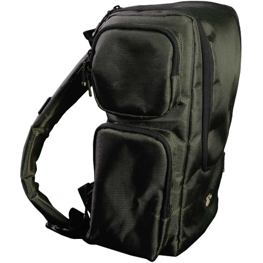 Ridgemonkey Hunter 750 Rucksack, durable and spacious fishing backpack designed to carry and protect the Hunter 750 Bait Boat and accessories. Side view