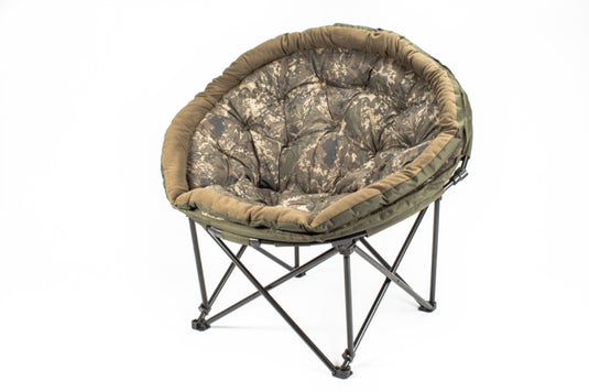 Nash Indulgence Moon Chair, comfortable padded fishing chair with luxury design and wide circular frame for bankside relaxation. Front Open