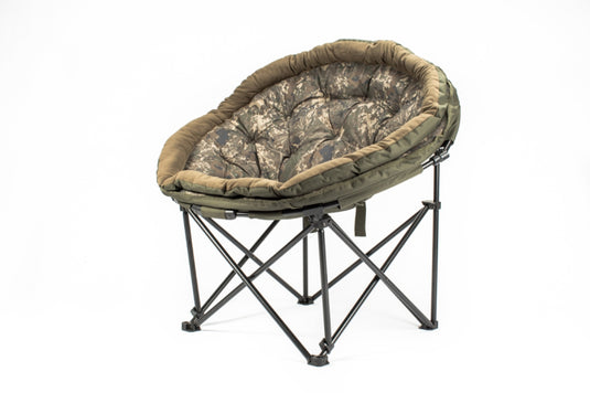 Nash Indulgence Moon Chair, comfortable padded fishing chair with luxury design and wide circular frame for bankside relaxation. Side View