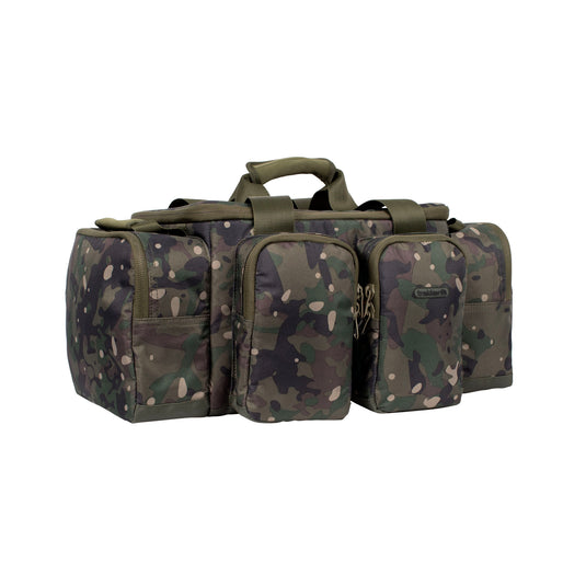 A Trakker NXC Camo Pro Carryall Medium fishing bag with camouflage pattern in a green colour. Closed Front Side view