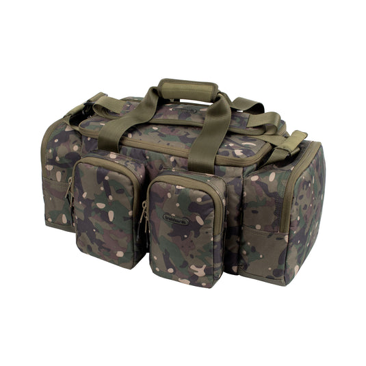 A Trakker NXC Camo Pro Carryall Medium fishing bag with camouflage pattern in a green colour. Closed Front Top Down View