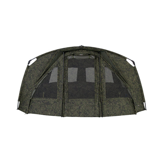 A camouflage bivvy shelter with an extended peak, set up on a gray background, featuring a bed inside and poles for support and structure. Closed Up