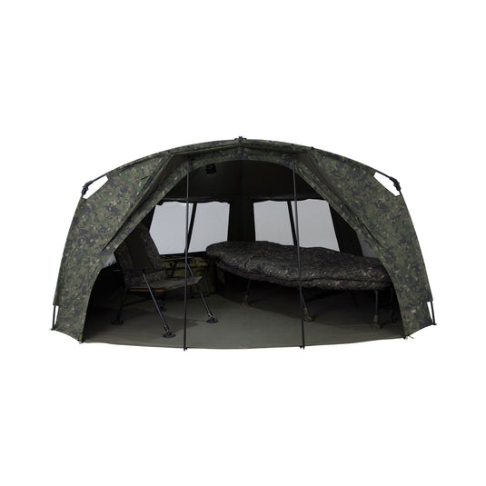 A camouflage bivvy shelter with an extended peak, set up on a gray background, featuring a bed inside and poles for support and structure. All Doors Open