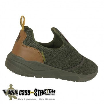 A pair of Vass Easy-Stretch fishing trainers in khaki color, featuring a breathable upper, quick and easy access, and a grippy sole. Back of Shoe