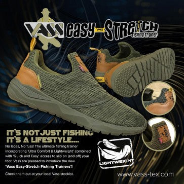 A pair of Vass Easy-Stretch fishing trainers in khaki color, featuring a breathable upper, quick and easy access, and a grippy sole.