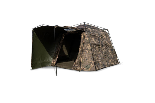 Camouflage outdoor fishing shelter tent with extended canopy and reinforced frame, ideal for camping and carp fishing. Front View with block up