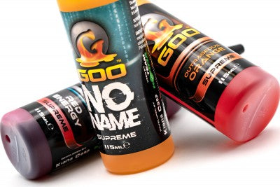 Multiple bottles of Korda Goo in various colors, designed for use in fishing, labeled with the brand and product name. No Name, Outrageous Orange and Red Energy.