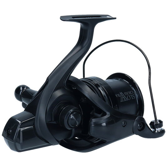 Black fishing reel on a white background