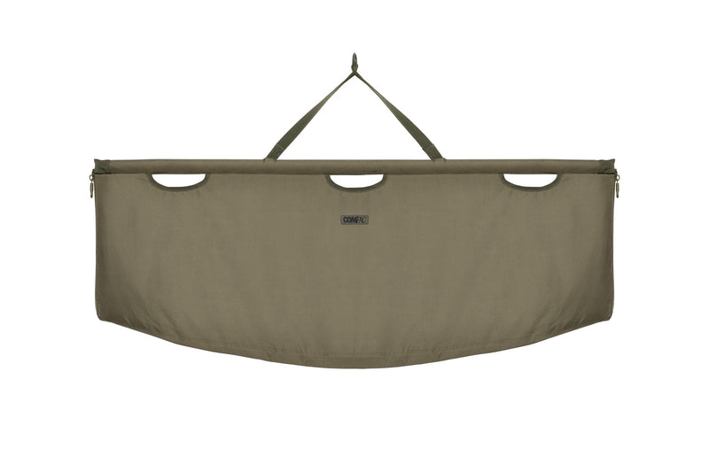 Load image into Gallery viewer, An olive-colored Korda Compac Weigh Sling for fishing, with a hanging loop, quick-release zips, and grab handles.
