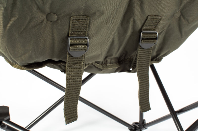 Load image into Gallery viewer, Nash Indulgence Moon Chair, comfortable padded fishing chair with luxury design and wide circular frame for bankside relaxation. Fastening Straps

