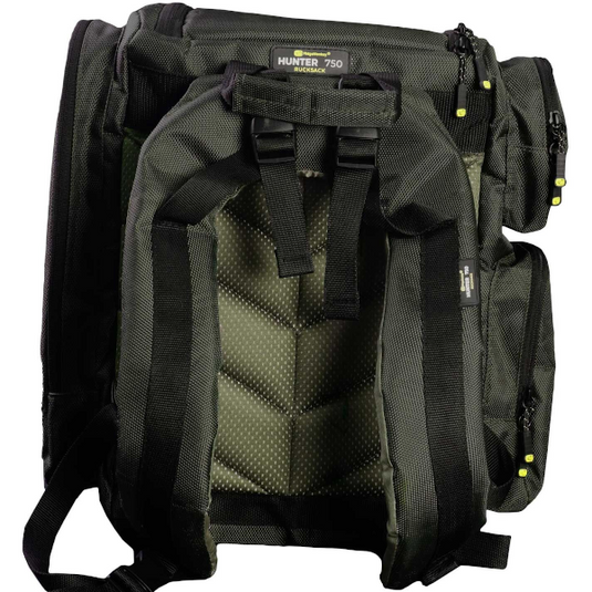 Ridgemonkey Hunter 750 Rucksack, durable and spacious fishing backpack designed to carry and protect the Hunter 750 Bait Boat and accessories. Rear view