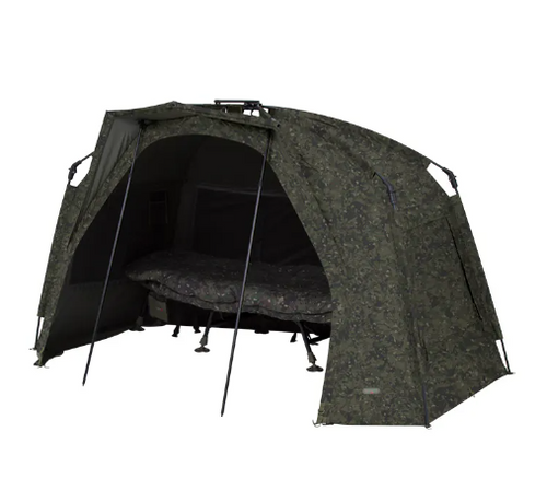 Camouflage tent with a sleeping pad inside on a white background