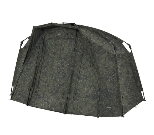 Camouflage-patterned tent on a white background