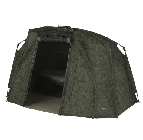Camouflage-patterned tent on a white background