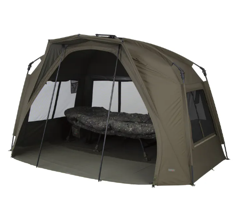 Green camping tent with a sleeping pad inside on a white background