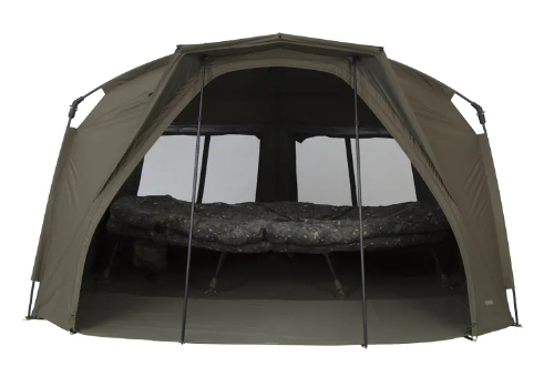 Green camping tent with a clear plastic sheet on a white background