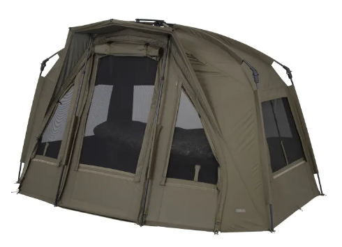 Brown camping tent with mesh windows on a white background