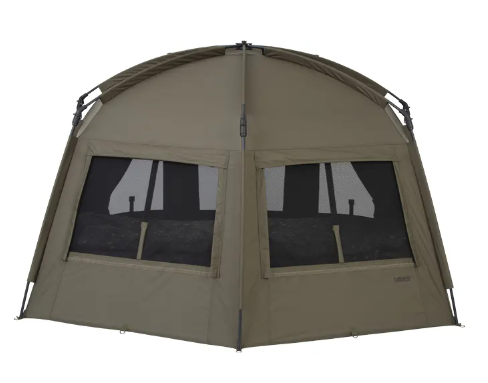 Green pop-up tent with mesh windows on a white background