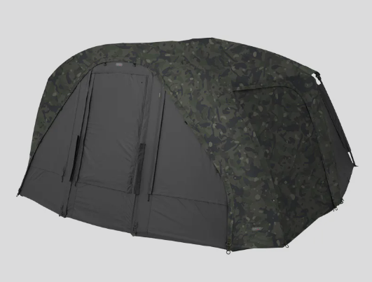 Camouflage-patterned bivvy tent on a light gray background