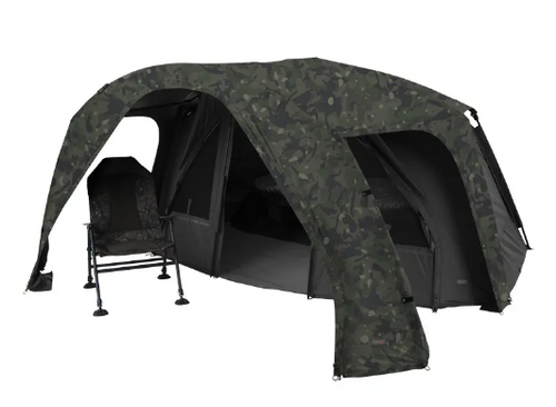 Camouflage tent with a chair on a white background