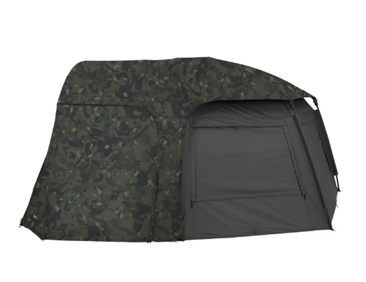 Camouflage-patterned tent on a white background