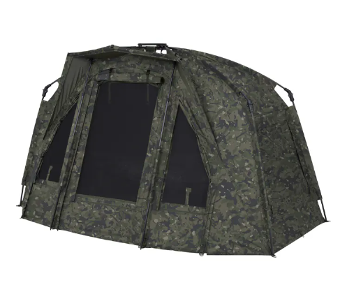 Camouflage-patterned tent on a white background