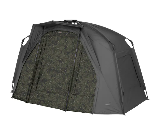 Fishing bivvy tent with camouflage pattern on a white background