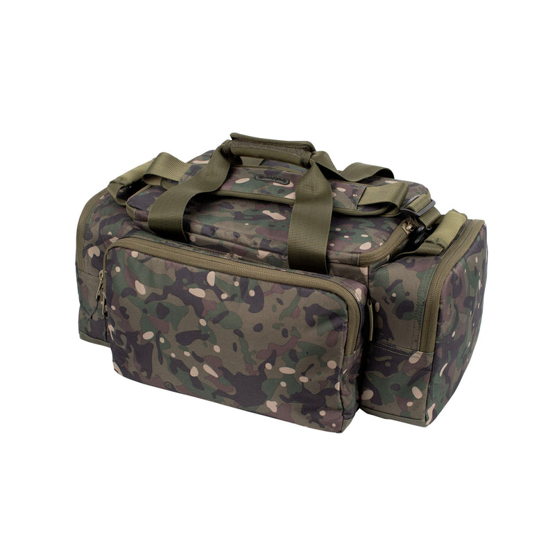 Load image into Gallery viewer, A Trakker NXC Camo Pro Carryall Medium fishing bag with camouflage pattern in a green colour. Closed Back Top down view
