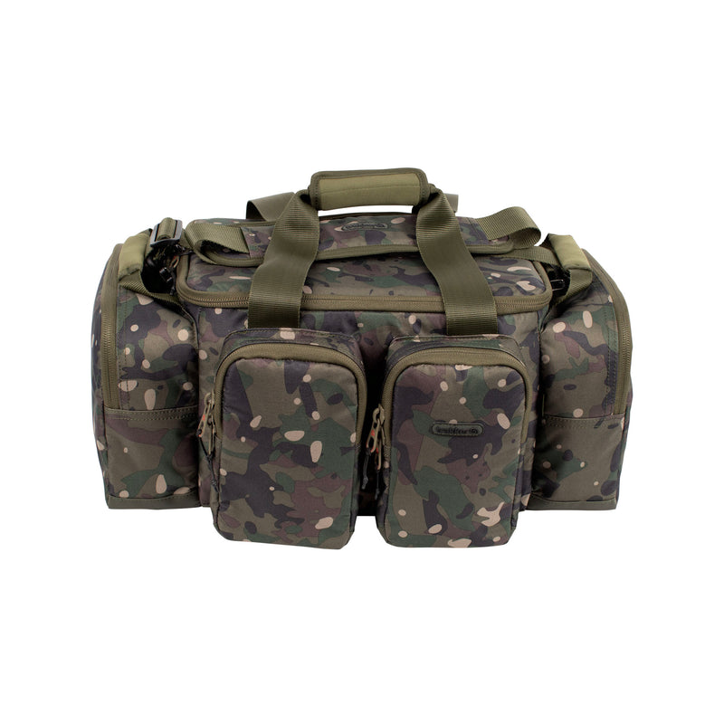 Load image into Gallery viewer, A Trakker NXC Camo Pro Carryall Medium fishing bag with camouflage pattern in a green colour. Closed Front View
