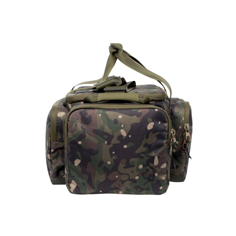 Load image into Gallery viewer, A Trakker NXC Camo Pro Carryall Medium fishing bag with camouflage pattern in a green colour. Closed Side View
