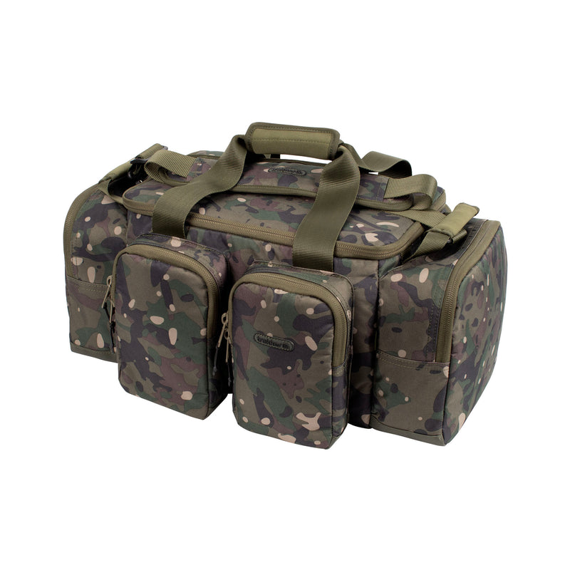 Load image into Gallery viewer, A Trakker NXC Camo Pro Carryall Medium fishing bag with camouflage pattern in a green colour. Closed Front Top Down View
