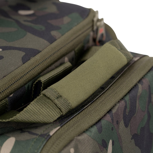 A Trakker NXC Camo Pro Carryall Medium fishing bag with camouflage pattern in a green colour. Handle Zoom In