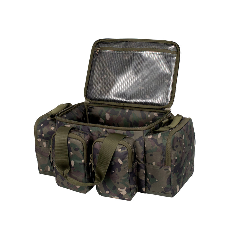 Load image into Gallery viewer, A Trakker NXC Camo Pro Carryall Medium fishing bag with camouflage pattern in a green colour. Open Lid Front View

