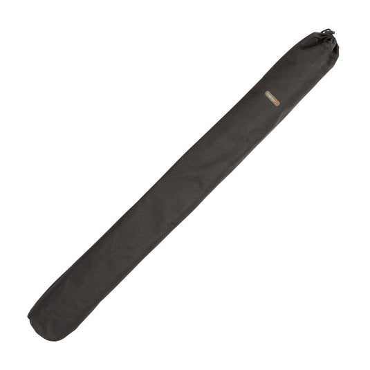 Black deluxe weigh tripod with a stainless steel hook and a leveling bubble on top, designed for anglers to measure fish accurately. In it's bag.