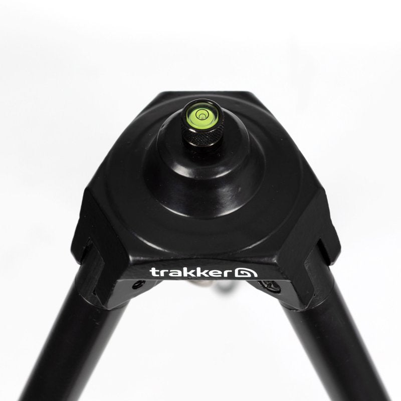 Load image into Gallery viewer, Black deluxe weigh tripod with a stainless steel hook and a leveling bubble on top, designed for anglers to measure fish accurately. How to line it up
