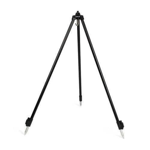 Black deluxe weigh tripod with a stainless steel hook and a leveling bubble on top, designed for anglers to measure fish accurately.