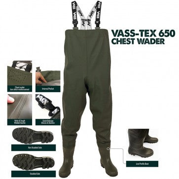 Load image into Gallery viewer, A pair of green Vass-Tex 650 series chest waders with adjustable elasticated shoulder braces and an internal chest pocket, designed for fishing.
