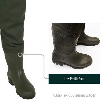Load image into Gallery viewer, A pair of green Vass-Tex 650 series chest waders with adjustable elasticated shoulder braces and an internal chest pocket, designed for fishing. Boot Section
