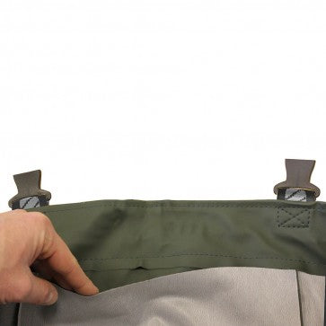 Load image into Gallery viewer, A pair of green Vass-Tex 650 series chest waders with adjustable elasticated shoulder braces and an internal chest pocket, designed for fishing. Top of waders
