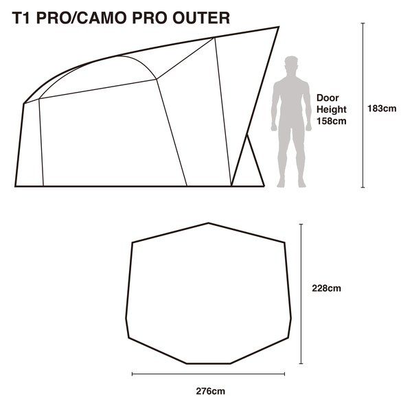 Load image into Gallery viewer, Nash Titan T1 Camo Pro. A camouflage bivvy with an extended awning set up outdoors. Sizing Chart
