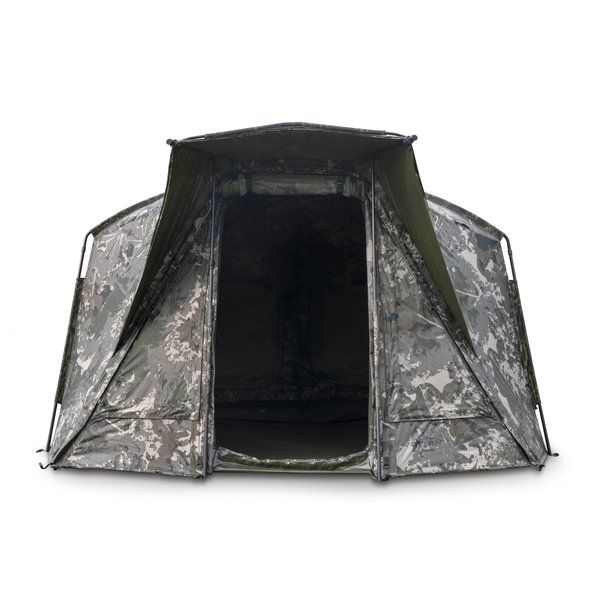 Load image into Gallery viewer, Nash Titan T1 Camo Pro. A camouflage bivvy with an extended awning set up outdoors. Front View
