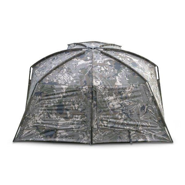 Load image into Gallery viewer, Nash Titan T1 Camo Pro. A camouflage bivvy with an extended awning set up outdoors. Back View
