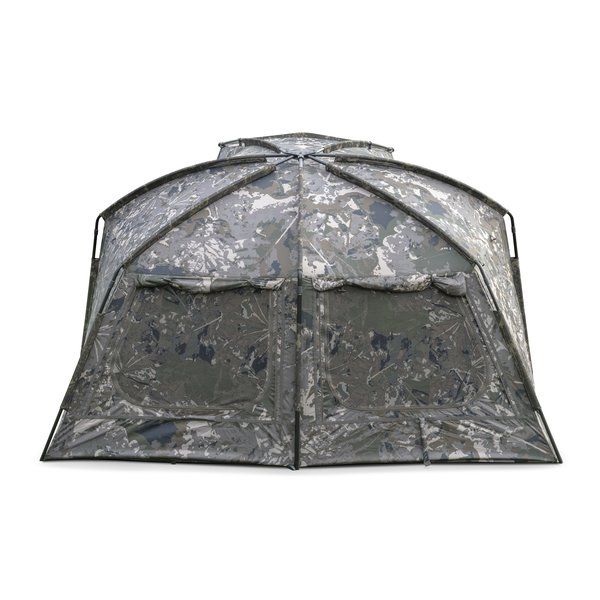 Load image into Gallery viewer, Nash Titan T1 Camo Pro. A camouflage bivvy with an extended awning set up outdoors. Back View, windows rolled up.
