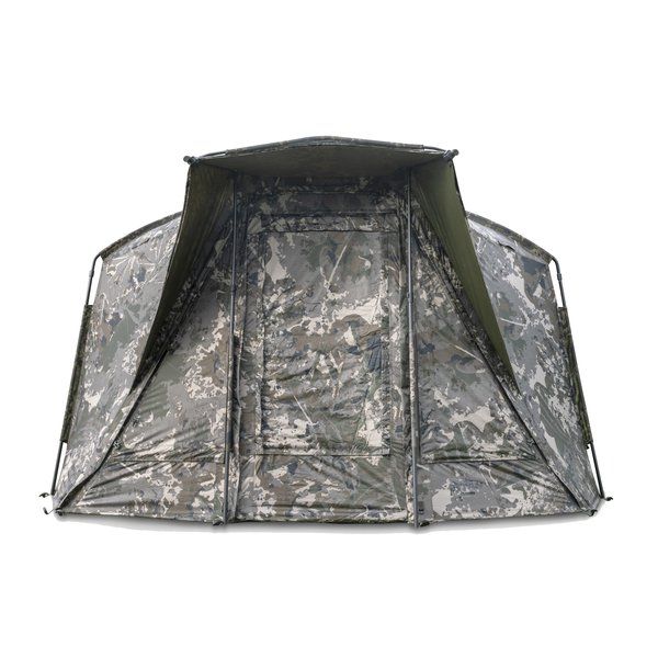 Load image into Gallery viewer, Nash Titan T1 Camo Pro. A camouflage bivvy with an extended awning set up outdoors. Front View, door closed
