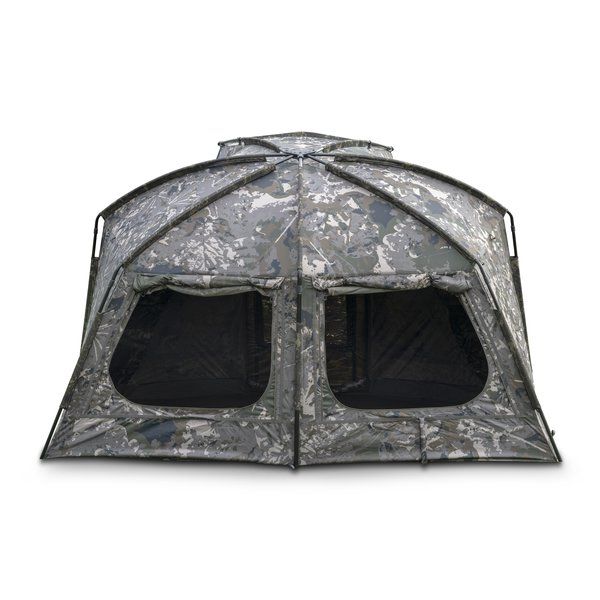 Load image into Gallery viewer, Nash Titan T1 Camo Pro. A camouflage bivvy with an extended awning set up outdoors. Back view, all windows open
