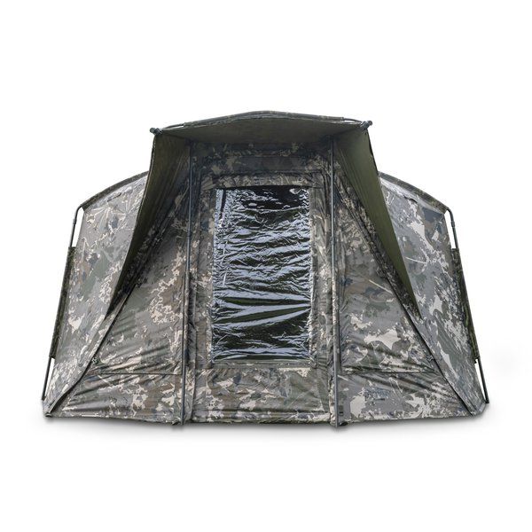 Load image into Gallery viewer, Nash Titan T1 Camo Pro. A camouflage bivvy with an extended awning set up outdoors. Front view, outer blind open
